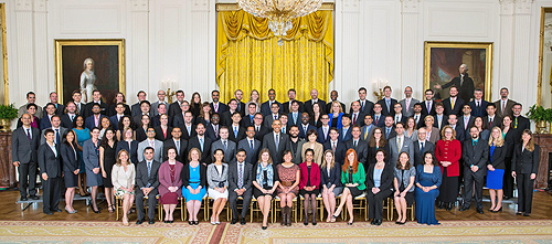 The NIDCD’s Katie Kindt, Ph.D., (second row, 7th from right), along with President Obama and the 104 other PECASE recipients.