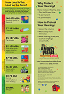 Bookmark depicting common farm sounds and their associated decibel levels.